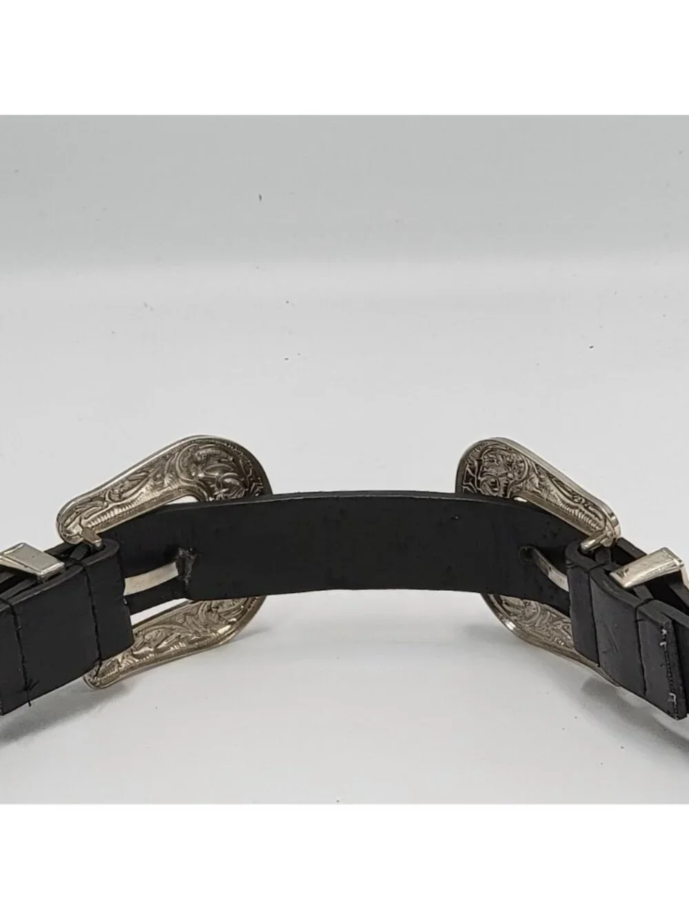 Western-Style Black Leather Belt With Dual Ornate Silver Buckles & Stud Details